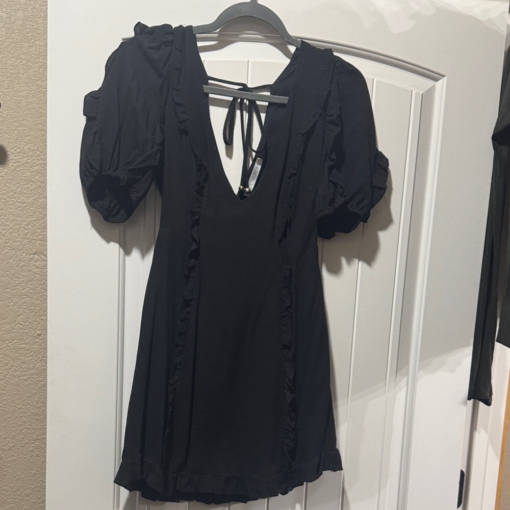 Black Ruffled Dress with Puff Sleeves